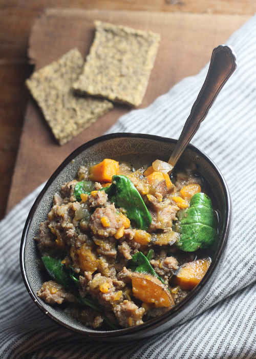 Sausage & Sweet Potato Soup with Spinach | Roots & Boots