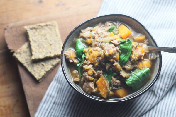 Sausage & Sweet Potato Soup with Spinach | Roots & Boots