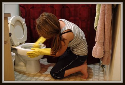 Lady cleaning toilet