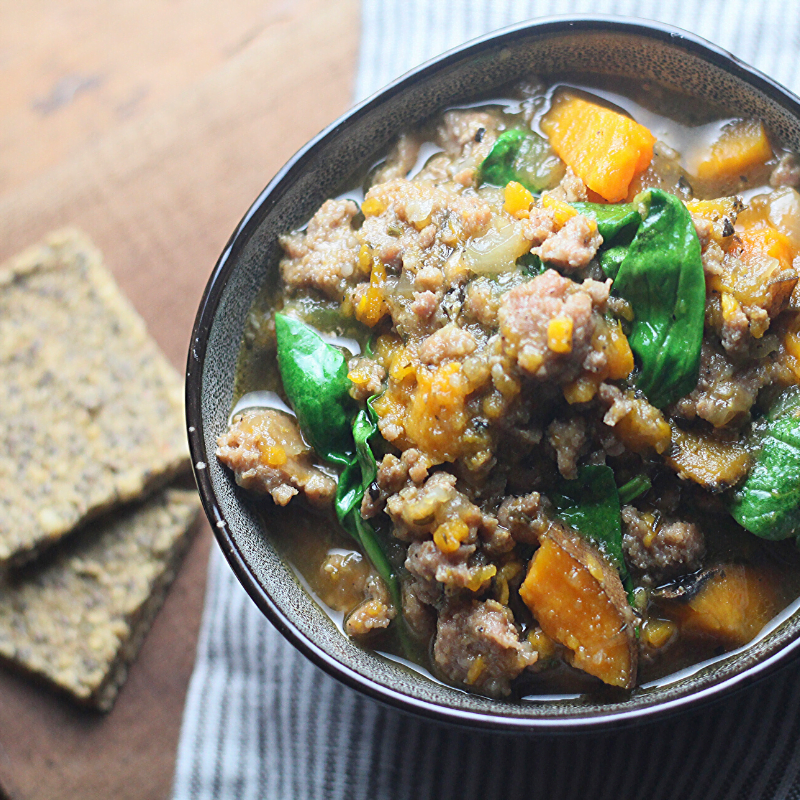 Sausage & Sweet Potato Soup with Spinach