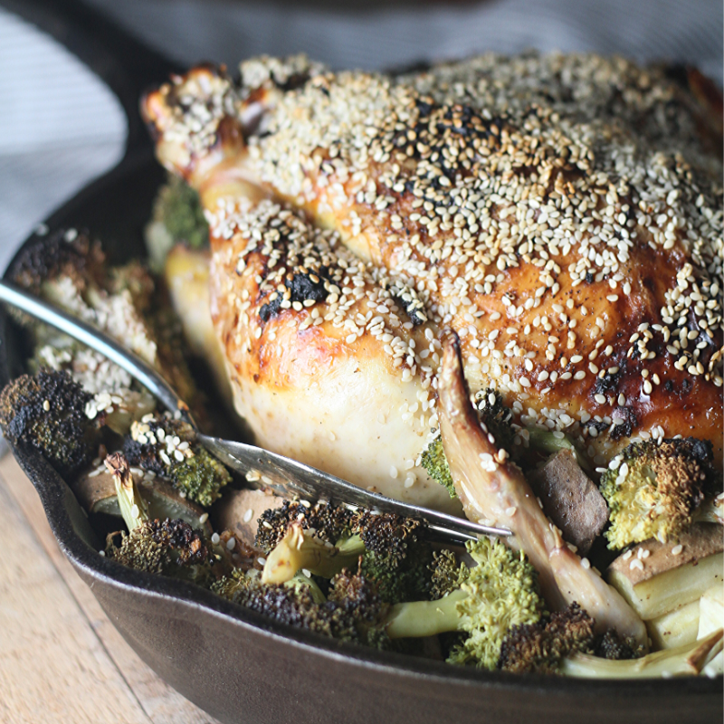 Paleo Sesame Garlic Chicken with Broccoli & Sweet Potatoes