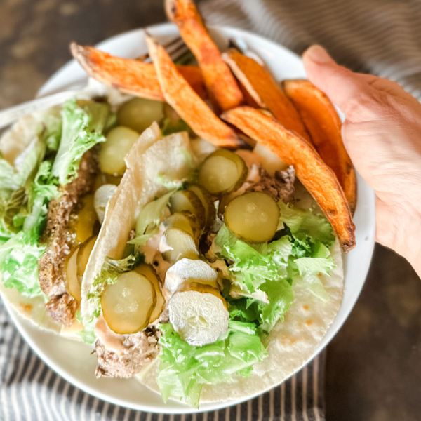 Burger Wraps with Sweet Potato Fries and House Sauce | Roots & Boots