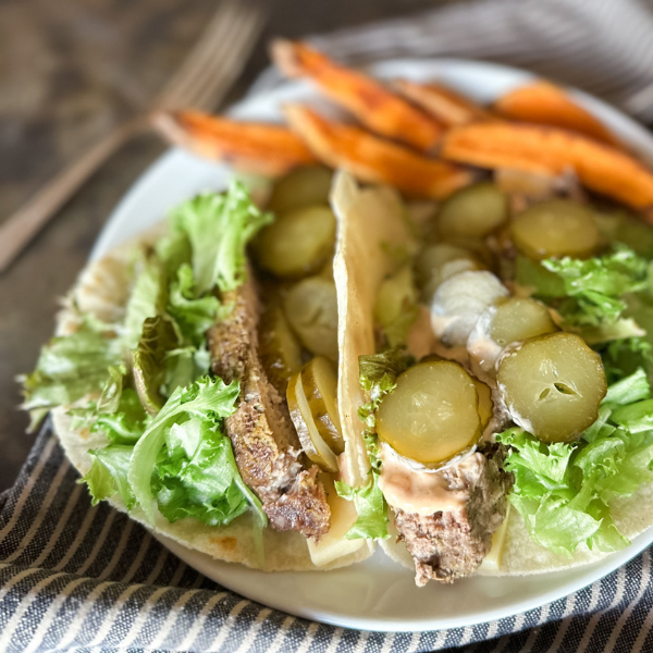 Burger Wraps with Sweet Potato Fries and House Sauce | Roots & Boots