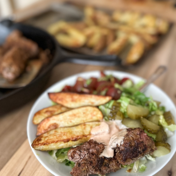 Burger Bowls with Fries and House Sauce | Roots & Boots