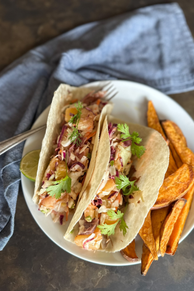 Pork Tacos with Pineapple Chili Lime Slaw | Roots & Boots