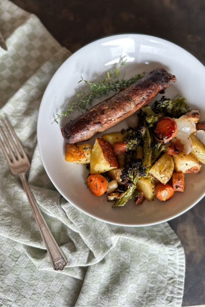Peach Thyme Roasted Vegetables with Sausage | Roots & Boots