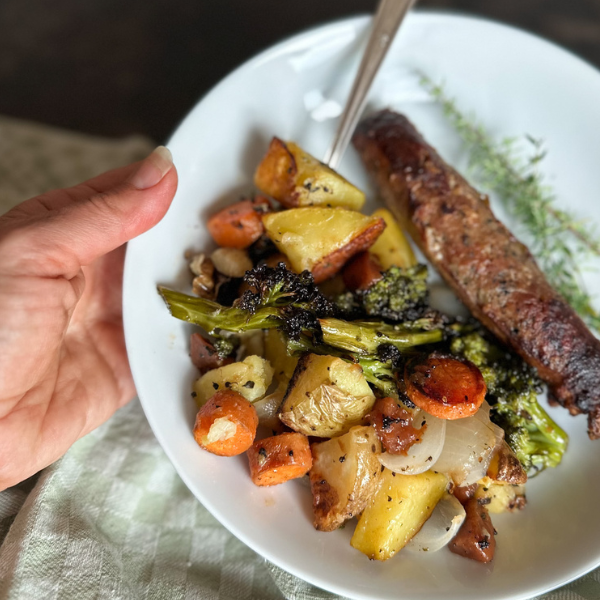 Peach Thyme Roasted Vegetables with Sausage | Roots & Boots